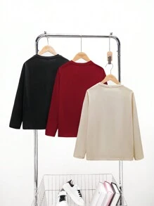SHEIN 3 stuks/set kinderen/tween jongens casual bedrukt ronde hals lange mouwen gebreide T-shirts, geschikt voor dagelijks gebruik, vakantie, sport, lente/zomer/herfst/winter seizoenen