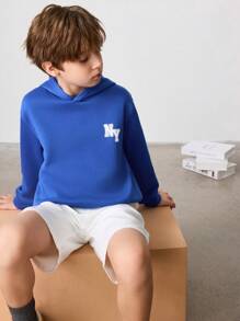 SHEIN Leap Crew 青少年男孩字母印花保暖连帽运动衫，休闲百搭，适合春秋季节