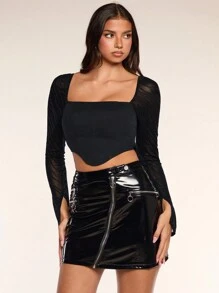 Glamine Women's Black Square Collar Mesh Contrast Raglan Sleeve Long Sleeve Fitted Asymmetric Hem T-Shirt , Black Crop Top Long Sleeve Fall Bodycon Bachelorette Tops - Black - View 3