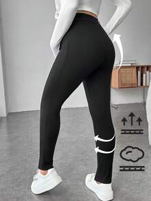 SHEIN 孕妇可调节腰部字母拼接开衩下摆紧身裤，秋冬装，教师裤，长裤 - 黑色 - 查看 2