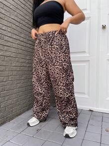 Flirla Plus Size Women Leopard Print Vintage American Style Casual Cargo Pants - Multicolor - View 6