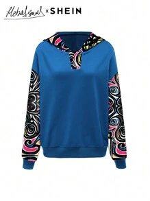 Seusyu Women's Patchwork Printed Long Sleeve Hooded Casual Sweatshirt, Fall/Winter, Casual Comfy Pullover Top - Royal Blue - View 2