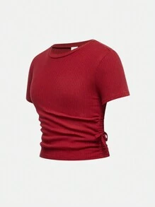 SHEIN Girlism 2 piezas Conjunto informal de niña preadolescente con camiseta de cuello redondo y pantalones de campana
