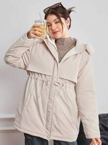 Girl & Teen Girls Casual Cinched Waist Mid-Length A-Line Padded Coat With Fur Collar For Daily Wear, Suitable For Winter