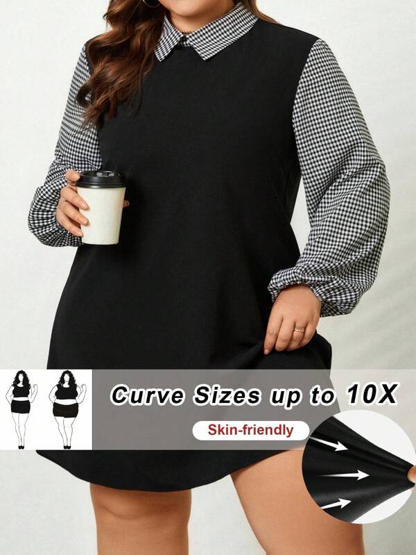 SHEIN CURVE+ Vestido Línea A negro de oficina elegante con cuello a cuadros y empalme para tallas grandes