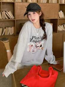 DAZY 女士宽松圆领印花卫衣，秋装 - 灰色 - 查看 4