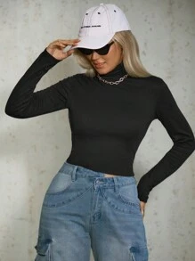 SHEIN Unity Women's Solid Color Turtleneck Backless Slim Long Sleeve T-Shirt Fall Cloth For Women - Black - View 5
