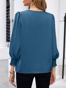 EMERY ROSE 女士纯色 V 领泡泡袖长袖优雅办公室衬衫，春夏季 - 霧霾藍 - 查看 2