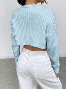 SHEIN Unity Áo len ngắn tay dài hở vai cổ chữ V màu trơn cho nữ, mùa thu/đông - Màu xanh nhạt - Xem 2