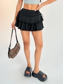 SHEIN PETITE Falda negra con cintura con cordón - Negro - Ver 4