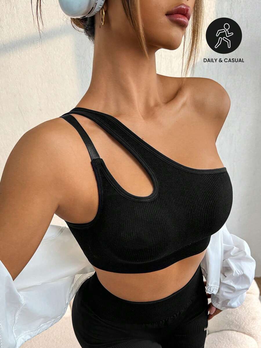 Gameset SHEIN Sport Seamless Solid Color Hollow Out One Shoulder Sports Bra