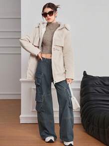 Girl & Teen Girls Casual Cinched Waist Mid-Length A-Line Padded Coat With Fur Collar For Daily Wear, Suitable For Winter