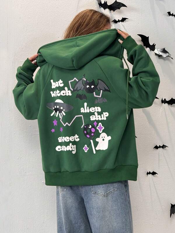 SHEIN EZwear هودي كاجوال فضفاض بسحاب أمامي، طبعة شعار الشبح، كتف منخفض، نساء، خريف شتاء