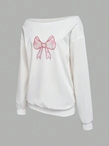 INAWLY 大码女式春秋休闲运动衫，不对称领口和蝴蝶结印花，长袖