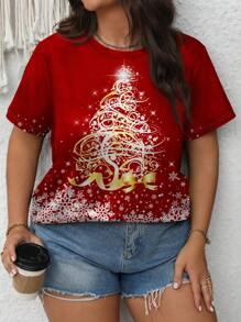 SHEIN LUNE Christmas Snowflake & Golden Christmas Tree Graphic Casual Minimalist Plus Size Crew Neck Short Sleeve Red T-Shirt Pullover, Suitable For Summer - White - View 3