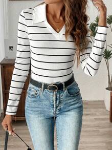 SHEIN LUNE Women's Turndown Collar Black & White Striped Casual Sports Long Sleeve T-Shirt Fall Women Clothes Winter Clothes Business Casual Woman Western Woman Attire Teacher Clothes Work Wear Teacher Tee Shirt Basic Top Country Tops Travel Outfit Airport