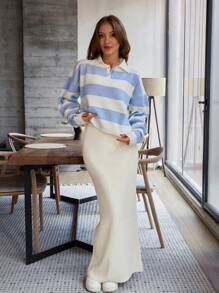 Blue And White Sweater And Maxi Skirt 2 Pcs Set - Blue and White - View 5
