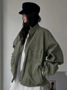 DAZY Women's Casual Loose Zip-Up Jacket With Large Pockets - Army Green - View 1