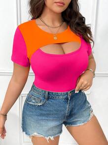 Flirla 大码圆领镂空拼色短袖 T 恤 - 彩色 - 查看 1