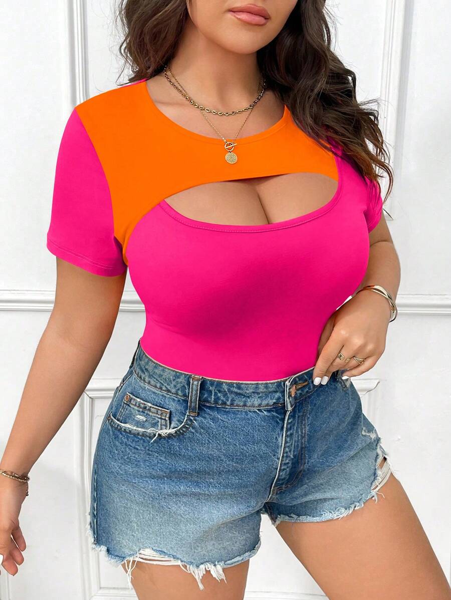 Flirla 大码圆领镂空拼色短袖 T 恤 - 彩色 - 查看 1