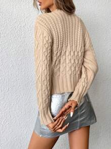 GENKIRA Luźny sweter z okrągłym dekoltem i grubym, skręconym splotem warkoczowym, swobodny i dojazdowy, sweter z dzianiny na jesień i zimę - Kolor khaki - Zobacz 3