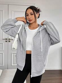 SHEIN EZwear Women's Thermal Lined Gray Hooded Zip-Up Sweatshirt For Autumn/Winter