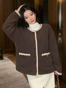 DAZY Women Round Neck Warm Cardigan Regular Jacket, Winter,Fall Women Clothes,Thermal Lined Women Coats - Coffee Brown - View 8