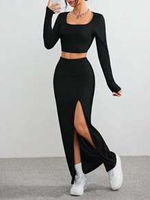 SHEIN EZwear 2 bộ đồ thường ngày cho nữ mùa xuân và mùa hè màu trơn cổ vuông dài tay áo crop top và chân váy xẻ tà, trang phục Halloween - màu đen - Xem 6