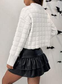 SHEIN EZwear Jacquard Knit Turtleneck Long Sleeve Cropped Sweater - White - View 2