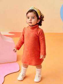 SHEIN Baby Girl High Neck Solid Color Dress Suitable For Outings, Autumn & Winter Fall Clothes - Orange - View 9