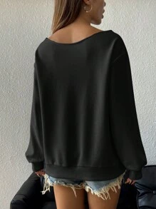 SHEIN EZwear Plus Size Women's Black Off-Shoulder Loose Solid Color Casual Long Sleeve Sweatshirt, Versatile For Autumn/Winter,Fall Clothes For Women