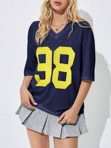 SHEIN Unity 女式超大字母印花网眼棒球插肩 T 恤图案 T 恤女式上衣