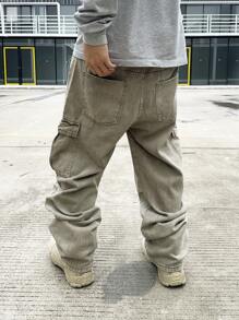 Manfinity EMRG Men's Cargo Pocket Wide Leg Casual Loose Fit Jeans, Plain Olive Green Long Baggy Washed Cargo Jeans, For Husband, Boyfriend Gifts Going Out Hang Out Vacation Urban College - Grey - View 2