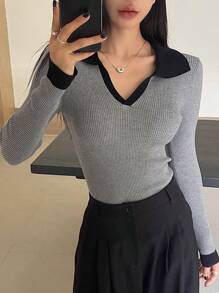 DAZY 女士撞色套头衫，商务休闲风格，秋冬 - 灰色 - 查看 4