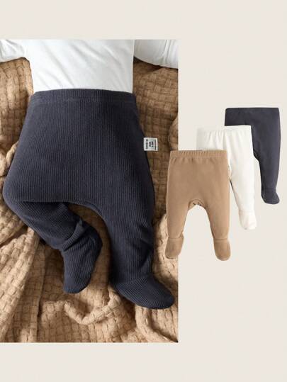 SHEIN 3 件套新生儿男童/女童秋冬舒适针织松紧腰纯色连脚裤套装