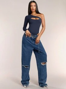 SHEIN BAE 女士露肩不对称紧身衣、连体泳衣、夏季服装 - 藏蓝色 - 查看 4