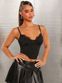 SHEIN SXY Women Lace Splicing Front Button Asymmetric Hem Slim Elegant Camisole