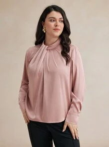 BizChic Plus Size Solid Color Woven Stand Collar Long Sleeve Casual Shirt Fall Women Outfits Winter Women Clothes