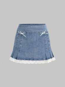 SHEIN MOD Women Lace Patchwork Bowknot Decor Denim Mini Skirt