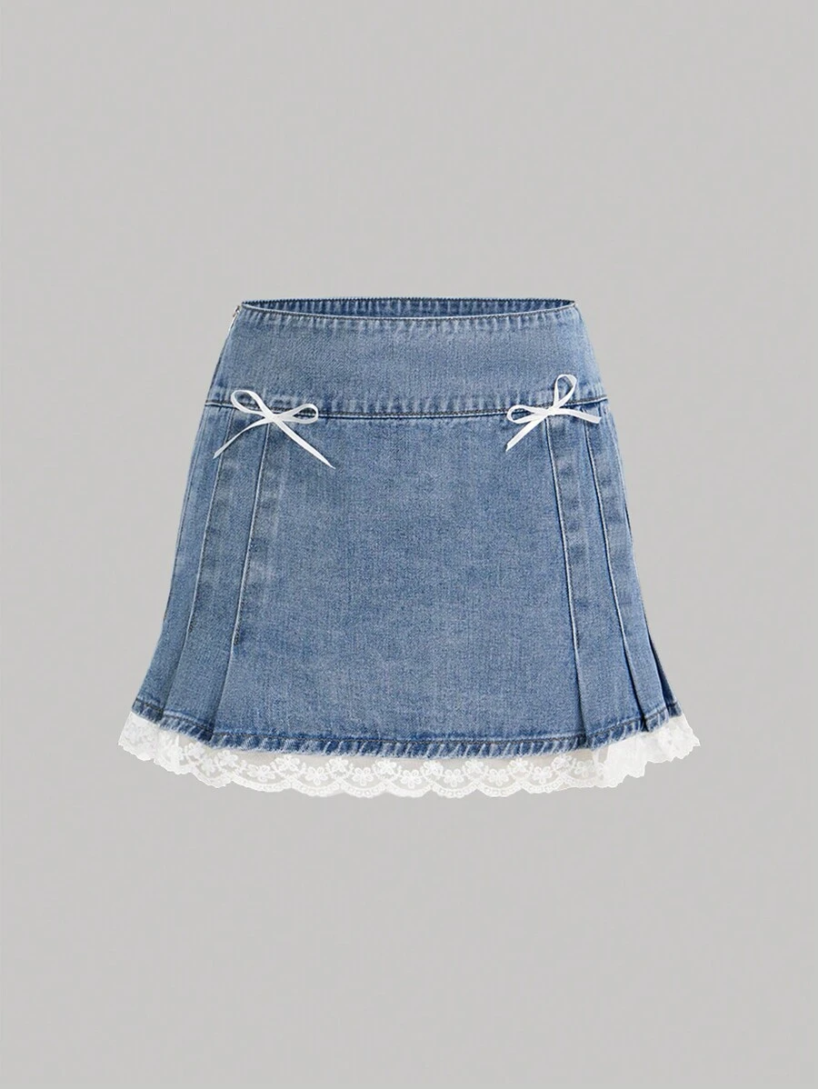 SHEIN MOD Women Lace Patchwork Bowknot Decor Denim Mini Skirt