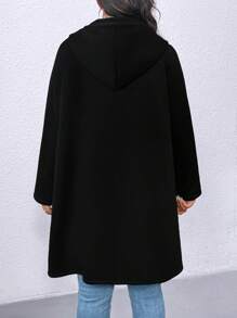 SHEIN LUNE 加大码纯色长袖前拉链简约连帽外套，休闲日常穿着 - 黑色 - 查看 2