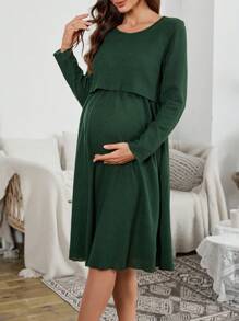 纯色哺乳友好型长袖孕妇家居服秋季女装 - 軍綠色 - 查看 3