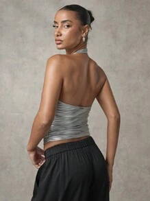 SHEIN BAE 女士性感金属露背吊带上衣，夏季 - 銀色 - 查看 6