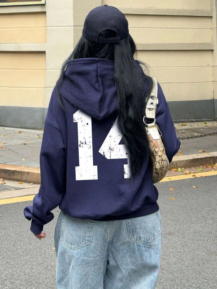 SHEIN EZwear Plus Size Casual Simple 14 Print Drop Shoulder Drawstring Hoodie Sweatshirt For Women, Thick For Autumn And Winter