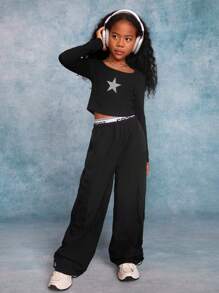 SHEIN Tween Girls' Loose Fit Drawstring Waist Cargo Pants - Black - View 5