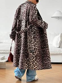 SHEIN EZwear Women's Casual Leopard Print Trench Coat, Autumn - Multicolor - View 2