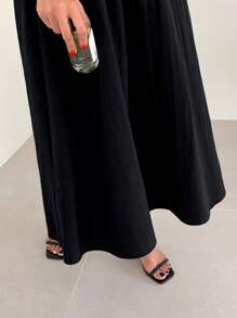 DAZY 简约素色前襟纽扣中长黑色半身裙，休闲日常穿着 - 黑色 - 查看 7
