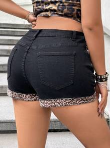 SHEIN ICON Plus Size Women Leopard Print Patchwork Black Denim Shorts - Multicolor - View 2