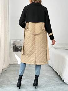 SHEIN Clasi Women's Solid Color Patchwork Front Button Long Sleeve Casual Padded Coat - Khaki - View 2