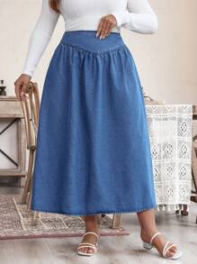 SHEIN LUNE 大码荷叶边简约牛仔裙，休闲日常穿着